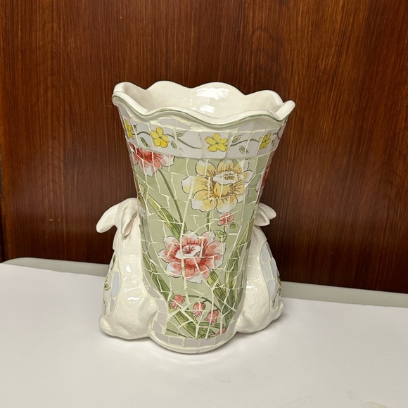 Vintage broken china mosaics Rabbits Floral vase - Picture 2 of 15